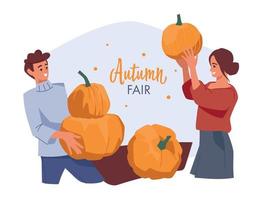 Autumn fair. Man and woman with pumpkins. Vector image.