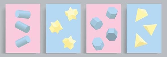 4 sets of abstract minimalistic 3d shaped tubes, stars, hexagons and triangles backgrounds in futuristic pastel colors. Suitable for poster, book cover, brochure, magazine, pamphlet, booklet. vector