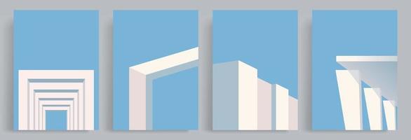 4 sets of minimalist architectural backgrounds. Vector of white buildings, posts, gates and fences. Suitable for posters, book covers, brochures, magazines, flyers, booklets.