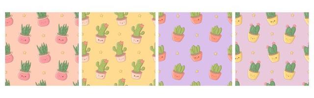 Collection of seamless pattern with kawaii funny cactuses and potted plants. Cute print for phone case, backgrounds, fashion, wrapping paper and textile. Vector Illustration