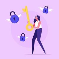 Businessman hold key unlock padlocks solving business problem. Employee find solution to trouble. Achievement and success. Vector illustration.