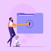 Security system. Businesswoman open the lock folder. Data security. Secret information in work. Personal files concept vector