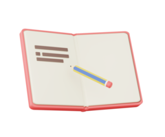 3D open book with pencil. Notebook for study with pencil. Education concept. Icon for web and app. Cartoon realistic school supplies. 3D Rendering png