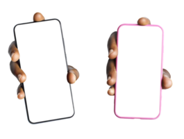 Black male hand holding phone facing camera isolated on transparent background. blank screen, phone screen mockup, front view, clipping path, mask, set png