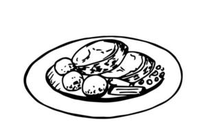 Hand-drawn simple vector black and white drawing. Plate with food, meat, fish dish with potatoes, steak. For the design of labels, menu, cafe, recipe.