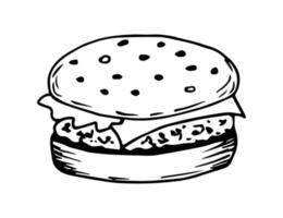 Simple vector freehand drawing in black outline. Hamburger, cheeseburger isolated on white background. For label design, fast food cafe, menu.