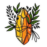 icono de vector de cristal mágico. cuarzo, ramas con hojas, bayas. prisma celeste aislado en blanco. ilustración de dibujos animados plana. símbolo de brujería, ocultismo. clipart para web, cosméticos, juegos, impresión