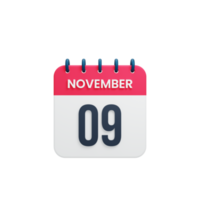 ícone de calendário realista de novembro 3d renderizado data 09 de novembro png