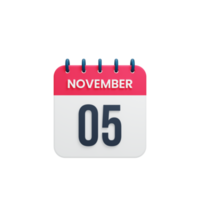 novembre calendrier réaliste icône 3d rendu date 05 novembre png