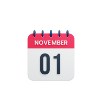 novembro ícone de calendário realista 3d renderizado data 01 de novembro png