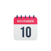 novembre calendrier réaliste icône 3d rendu date 10 novembre png