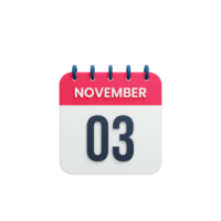 novembre calendrier réaliste icône 3d rendu date 03 novembre png