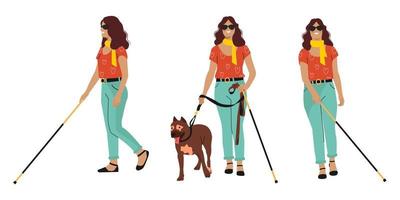 Smiling special Woman in dark Glasses standing with a Cane and dog. Set of poses isolated on white. People with Disability, Diversity and Inclusion. Vector illustration.