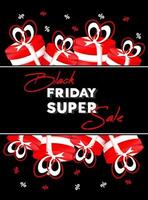 Black Friday. Sale banner, flyer. Text and red gifts boxes on black background. vector