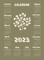 Calendar 2023 with abstract plants. Week starts on Monday. A set of 12 pages and cover in size A3, A4, A5. Vector illustration in vertical format.