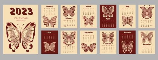 Calendar 2023 with butterfly in zentangle style. Week starts on Monday. vector