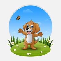 Cartoon happy dog on the grass vector