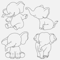 líneas finas de elefante de dibujos animados con diferentes poses y expresiones vector