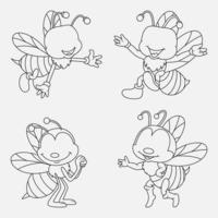 Cartoon Bee thin lines collection isolated on white background vector