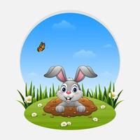 Cartoon rabbit come out of the hole on the grass vector