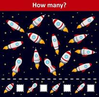 Counting game for preschool children. Count how many rocket ship objects vector