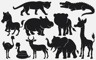 conjunto de dibujos animados de animales salvajes de siluetas negras sobre fondo blanco vector
