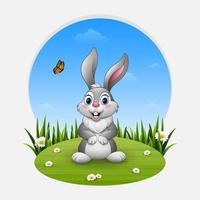 Cartoon happy rabbit standing on the grass vector