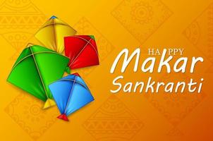 Makar sankranti greeting card with colorful kites vector