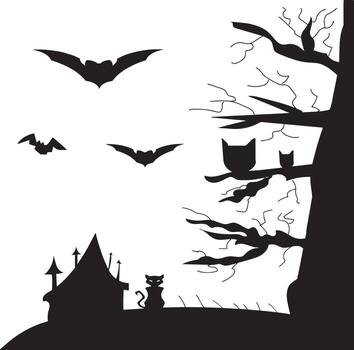 vista nocturna sobre una casa embrujada en un ambiente de halloween. en el vector también podemos encontrar algunos murciélagos, un gato y elementos más específicos de halloween