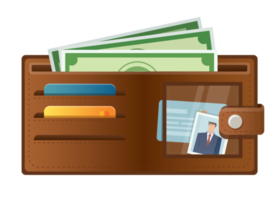 Brown wallet full of green dollars png