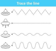 Trace line worksheet for preschool kids with spaceship vector