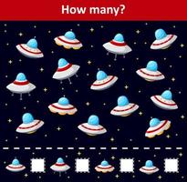 Counting game for preschool children. Count how many spaceship objects vector