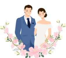 cute young wedding couple in blue suit in cherry blossom wreath flat style png