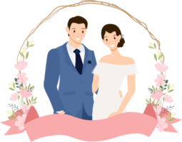 cute young wedding couple in blue suit in cherry blossom wreath flat style png