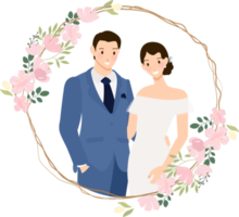 cute young wedding couple in blue suit in cherry blossom wreath flat style png