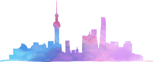 shanghai cityscape skyline colorful watercolor style illustration. png