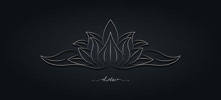 White Sacred Lotus flower, stylized floral ornament, line art logo design. Flower blossom symbol of yoga, spa, beauty salon, cosmetics, relax, brand style. Vector isolated on black background