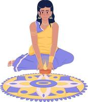 Pretty girl in sari putting candle on rangoli semi flat color vector character. Editable figure. Full body person on white. Simple cartoon style illustration for web graphic design and animation