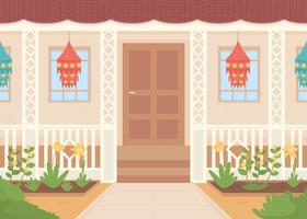 Ilustración de vector de color plano de casa decorada diwali. colgando linternas de papel afuera para el festival deepavali. paisaje urbano de dibujos animados simple 2d totalmente editable con exterior de la casa en el fondo