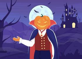 ilustración de vector de color plano de jack o linterna sonriente. hombre con cabeza de calabaza. escena aterradora para el festival de otoño. personaje de dibujos animados simple 2d completamente editable con espeluznante noche de halloween en el fondo