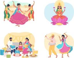 Traditions during Diwali 2D vector isolated illustrations set. Deepavali customs. Celebrating flat characters on cartoon background. Colourful editable scene pack for mobile, website, presentation