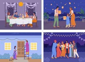 Diwali celebration flat color vector illustrations set. Indian traditions in modern life. Fully editable 2D simple cartoon characters with interior and exterior on background collection