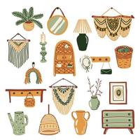 Boho style interior decor collection. Cozy home hand drawn set of furniture and accessories. Flat vector illustration