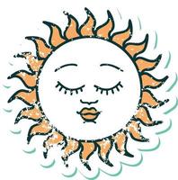 iconic distressed sticker tattoo style image of a sun with face vector