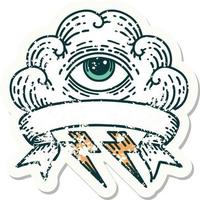 worn old sticker with banner of an all seeing eye cloud vector