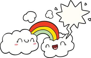 happy cartoon clouds and rainbow and speech bubble vector