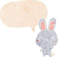 cartoon rabbit waving and speech bubble in retro textured style vector