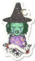 grunge sticker of a crying orc witch with natural one D20 roll vector