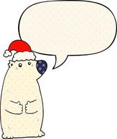 cartoon bear wearing christmas hat and speech bubble in comic book style vector