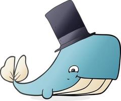 freehand drawn cartoon whale in top hat vector